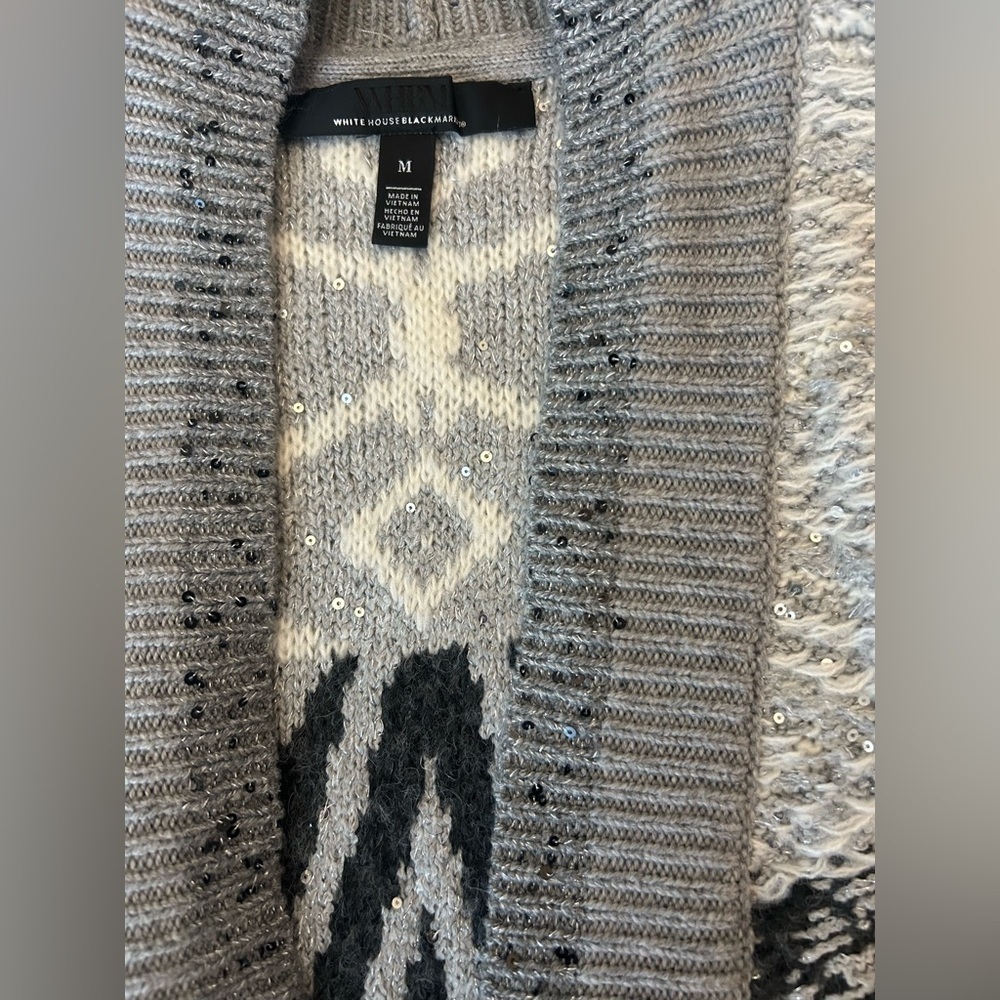 WHBM Gray White Sequin Cover Up Cardigan Sweater Coat Fair Isle Nordic Size M - Picture 10 of 15